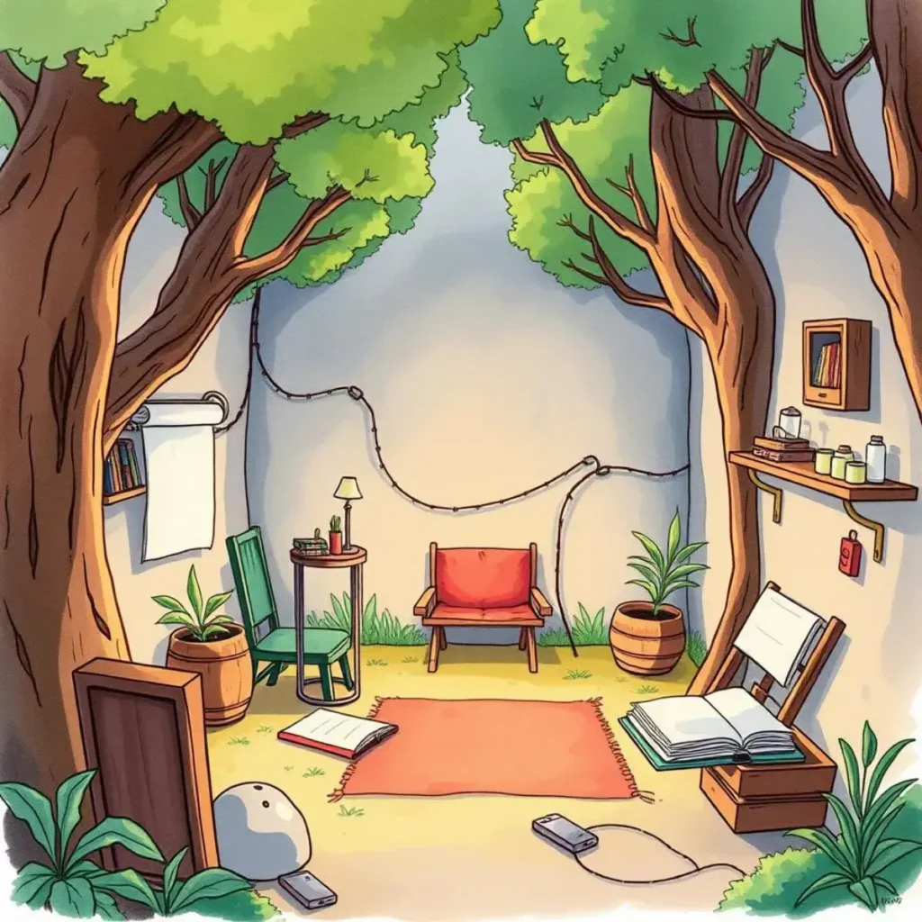 Cozy reading nook surrounded by trees, promoting smooth writing flow.