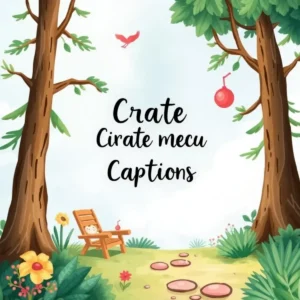 A serene landscape featuring trees, flowers, and the text "Create Captions" for a caption creation tool