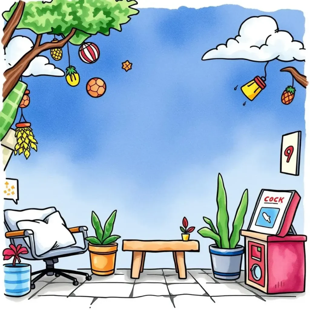 Post idea generator: Provide unique ideas for social media content 1 A vibrant, cartoon-style illustration of a cozy, decorative space with plants and a light blue backdrop showcasing creativity