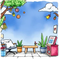 A vibrant, cartoon-style illustration of a cozy, decorative space with plants and a light blue backdrop showcasing creativity