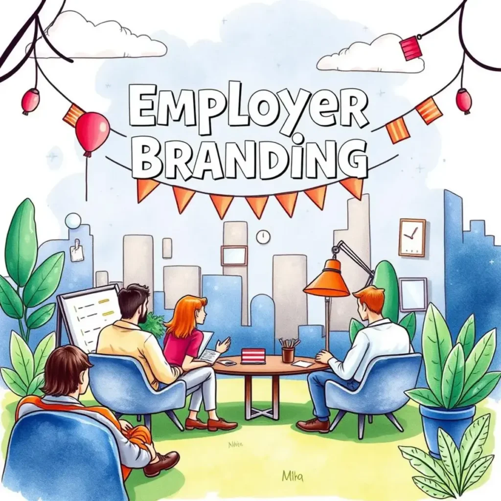 Social media post creator: Generate engaging posts for your brand 1 Colorful illustration of a team collaborating on employer branding.