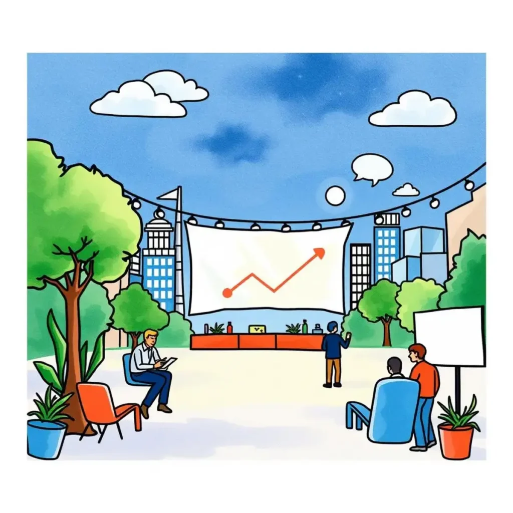 Social media post generator: Craft promotional posts for branding events on social media 1 Promotional outdoor event showcasing a growth chart on a large screen with engaged attendees.