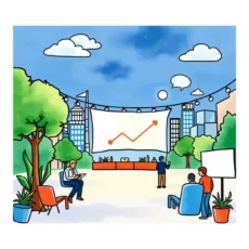Promotional outdoor event showcasing a growth chart on a large screen with engaged attendees.