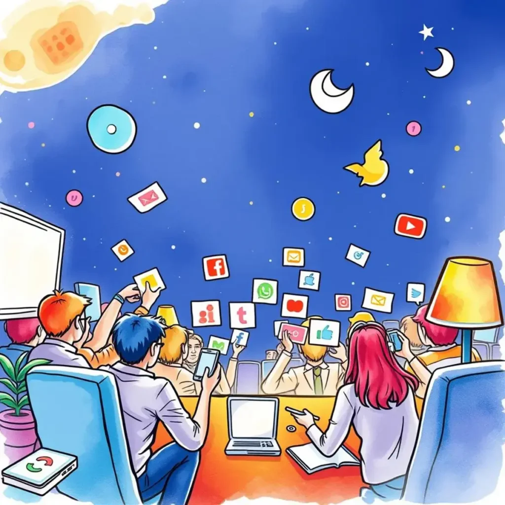 Engagement content creator: Generate diverse content ideas for audience involvement 1 Team collaborating on creative social media content ideas under a night sky.