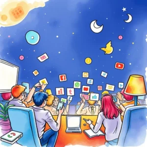 Team collaborating on creative social media content ideas under a night sky.