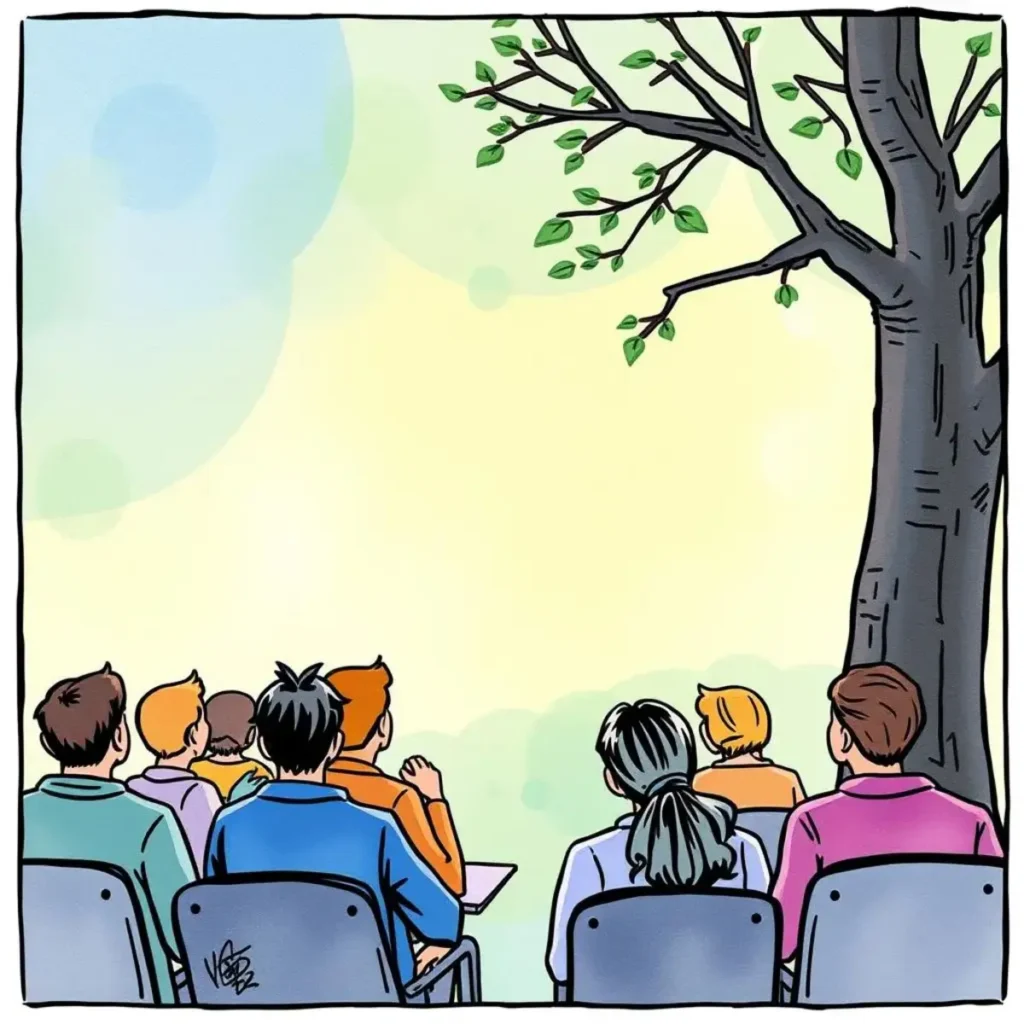 Social response generator: Develop tailored replies to audience inquiries 1 A diverse group of people observing a serene landscape with green foliage in the foreground.