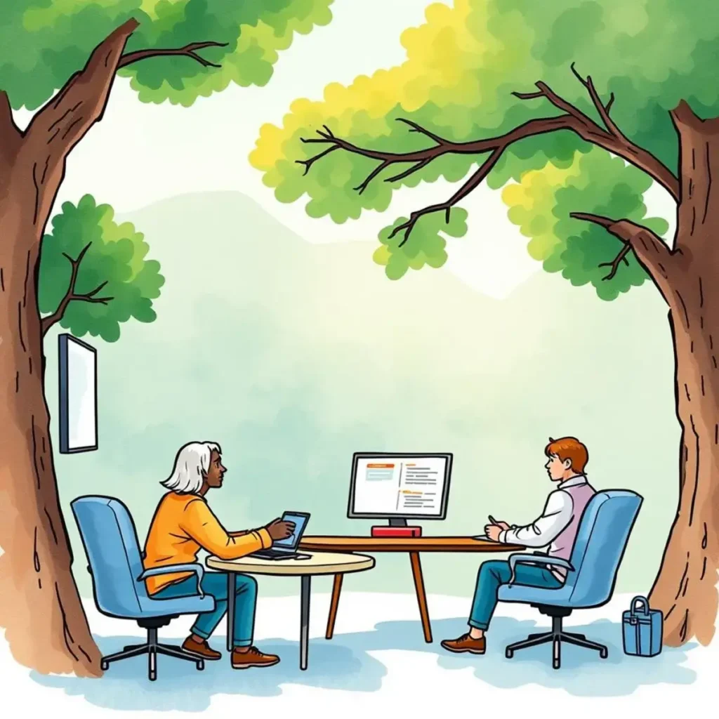 Meeting minutes generator: Automatically draft summaries from meetings with stakeholders 1 Two professionals discussing project meeting minutes in a serene outdoor setting.