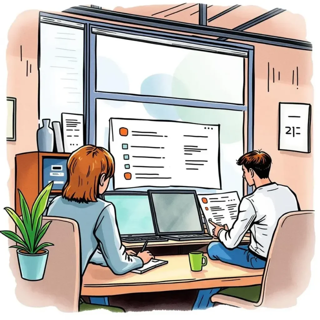 A collaborative workspace featuring two professionals discussing user stories on digital devices in an IT setting.