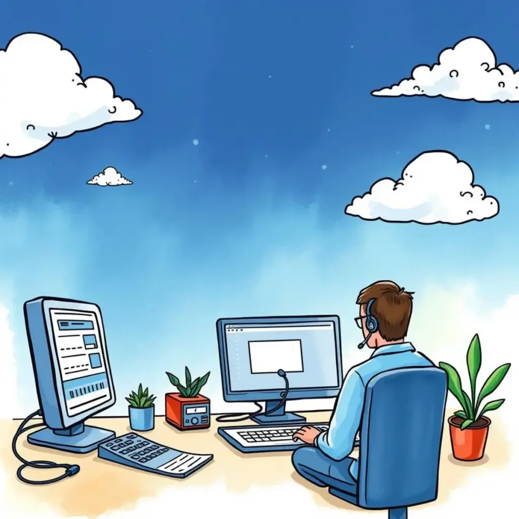 Backup comparison tool: Generate comparisons of current and previous backups 1 A technical support specialist using a backup comparison tool at a modern workspace with multiple monitors.