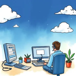 A technical support specialist using a backup comparison tool at a modern workspace with multiple monitors.