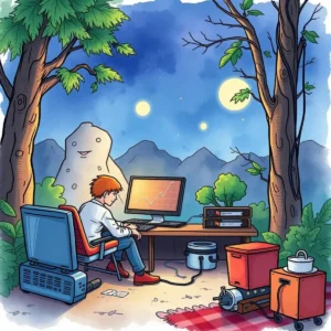 A young technician works on a computer outdoors, analyzing backup verification data under a starry sky.