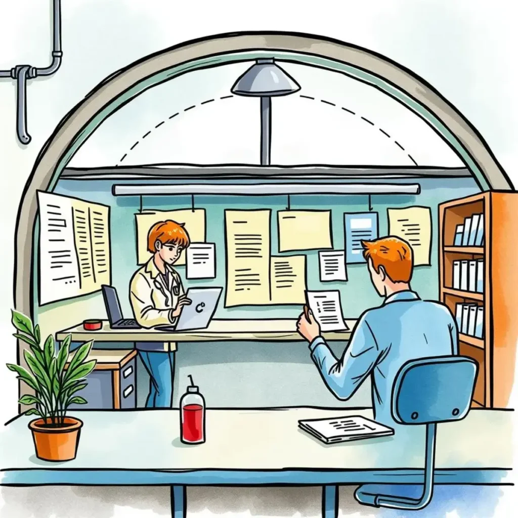 Sop training manual creator: Generate SOP-based training materials easily 1 SOP Training Manual Creator interacting with team members in a modern office environment