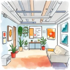 Illustration of a modern office space highlighting optimal layout and greenery.