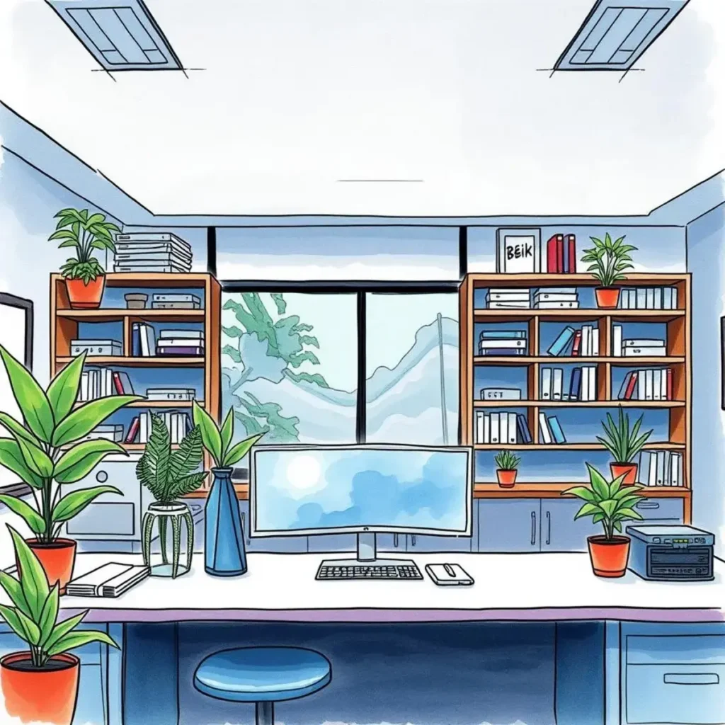 Space utilization analyzer: Assess and report on space usage statistics 1 A modern workspace featuring a desk, plants, and a computer monitor for space utilization analysis.