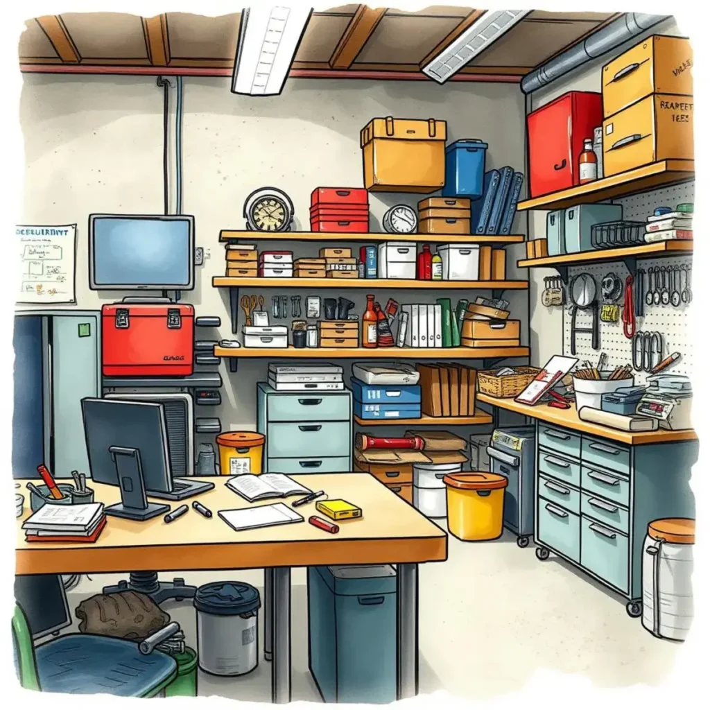 Spare parts inventory tracker: Manage and organize spare parts effectively 1 A well-organized workspace for managing spare parts inventory and equipment maintenance tasks.