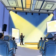 A speaker presenting on stage to an engaged audience.