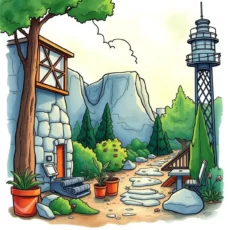 Beautiful outdoor scene depicting a serene path leading to an engineering facility in nature.