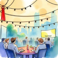 A team meeting outdoors with professionals discussing sponsorship details against a city backdrop.