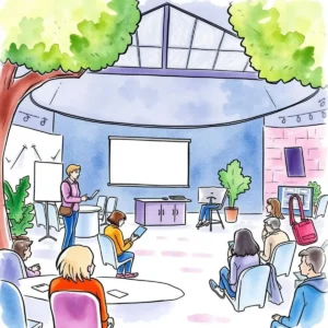 A vibrant meeting room setting with people engaging during a post-event evaluation.