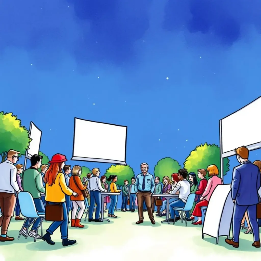 Event sponsorship inquiry writer: Generate effective inquiries for potential sponsors quickly 1 Networking event scene with professionals discussing sponsorship opportunities outdoors.