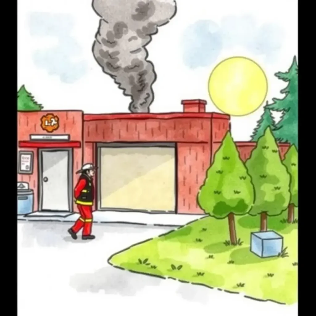 Staff responsibility blueprint: Outline emergency staff responsibilities 1 Firefighter approaching a building with smoke, highlighting emergency response readiness.