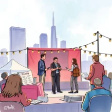 Professionals discussing staffing needs at an outdoor event venue.