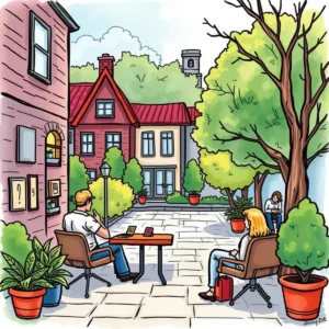 Stakeholder discussion in a serene courtyard setting