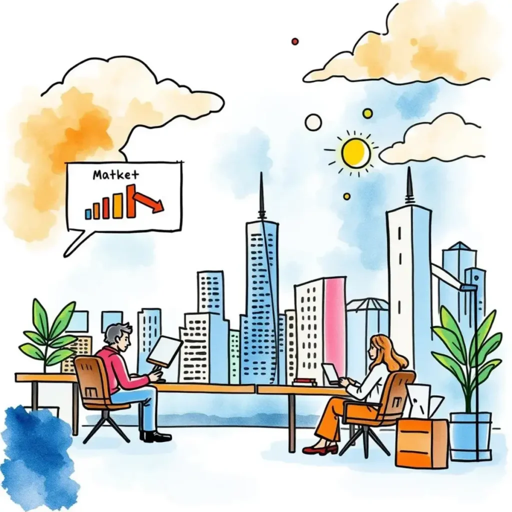Stakeholder analysis narrator: Craft compelling narratives from stakeholder data 1 Stakeholder Analysis Narrator tool visualized with professionals analyzing market data against a city skyline.