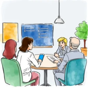 Team discussing meeting times using a stakeholder availability checker tool.