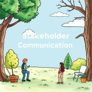 Two people discussing stakeholder communication in a serene outdoor setting.