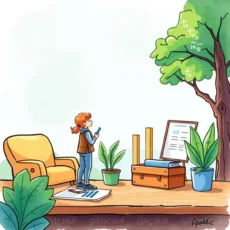A person using a smartphone in an office setting with greenery and quality metrics reports.