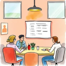 A group of professionals engaged in a meeting discussing a follow-up email strategy.
