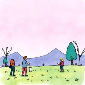 A group of people in a field engaging in communication activities outdoors with mountains in the background.