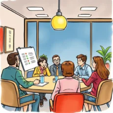 A diverse team collaborates in a meeting, discussing stakeholder schedules effectively.