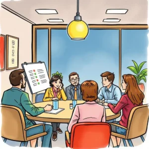 A diverse team collaborates in a meeting, discussing stakeholder schedules effectively.