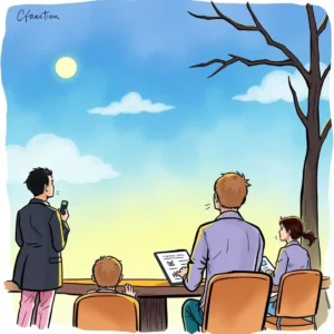 Group of professionals analyzing data while observing a sunrise landscape.