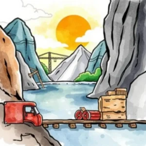 Illustration of a truck delivering goods across a precarious bridge.