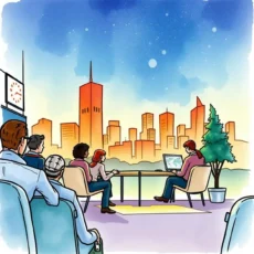 Professionals collaborating on stakeholder consensus in a city skyline setting.