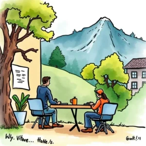 A serene outdoor meeting scene with two individuals discussing ideas at a table in a scenic landscape.