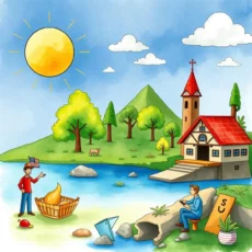 A cheerful illustration depicting a man engaged in thoughtful dialogue by a serene lakeside setting.