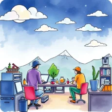 Two professionals discussing project insights in a scenic office.