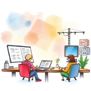 A collaborative workspace with professionals engaged in discussions using laptops and documents.