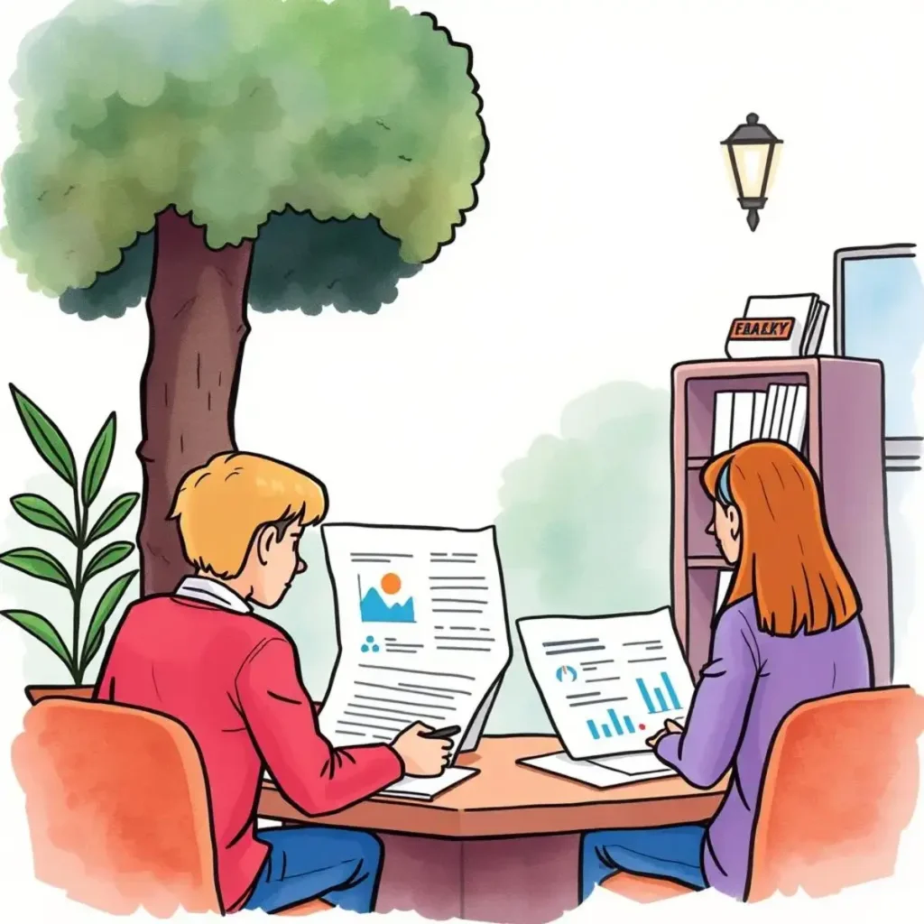 Stakeholder input synthesizer: Combine feedback into coherent reports 1 Two analysts collaborating on stakeholder feedback reports outdoors.