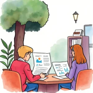 Two analysts collaborating on stakeholder feedback reports outdoors.