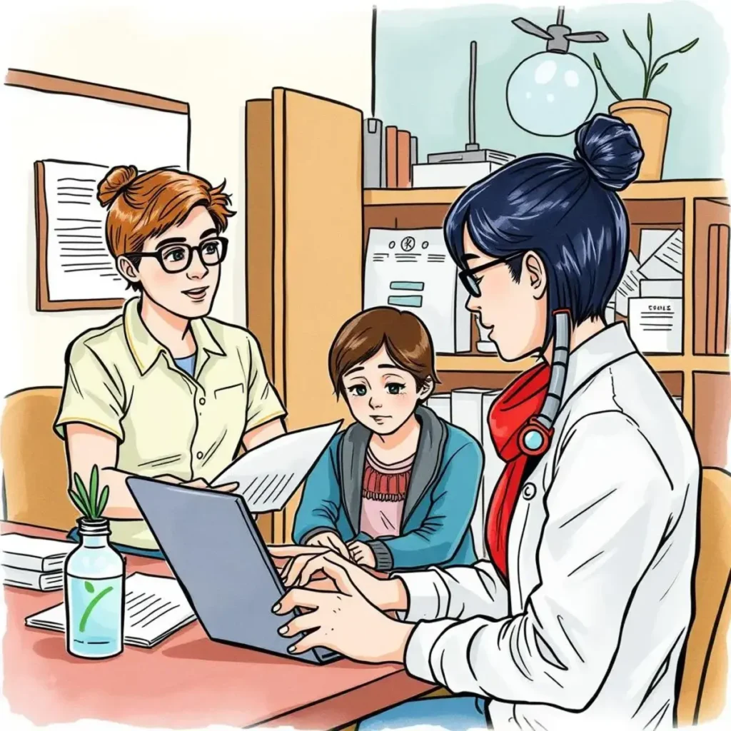 Stakeholder insight analyzer: Generate insights from stakeholder text inputs 1 Two professionals and a child discussing insights with a laptop and documents.