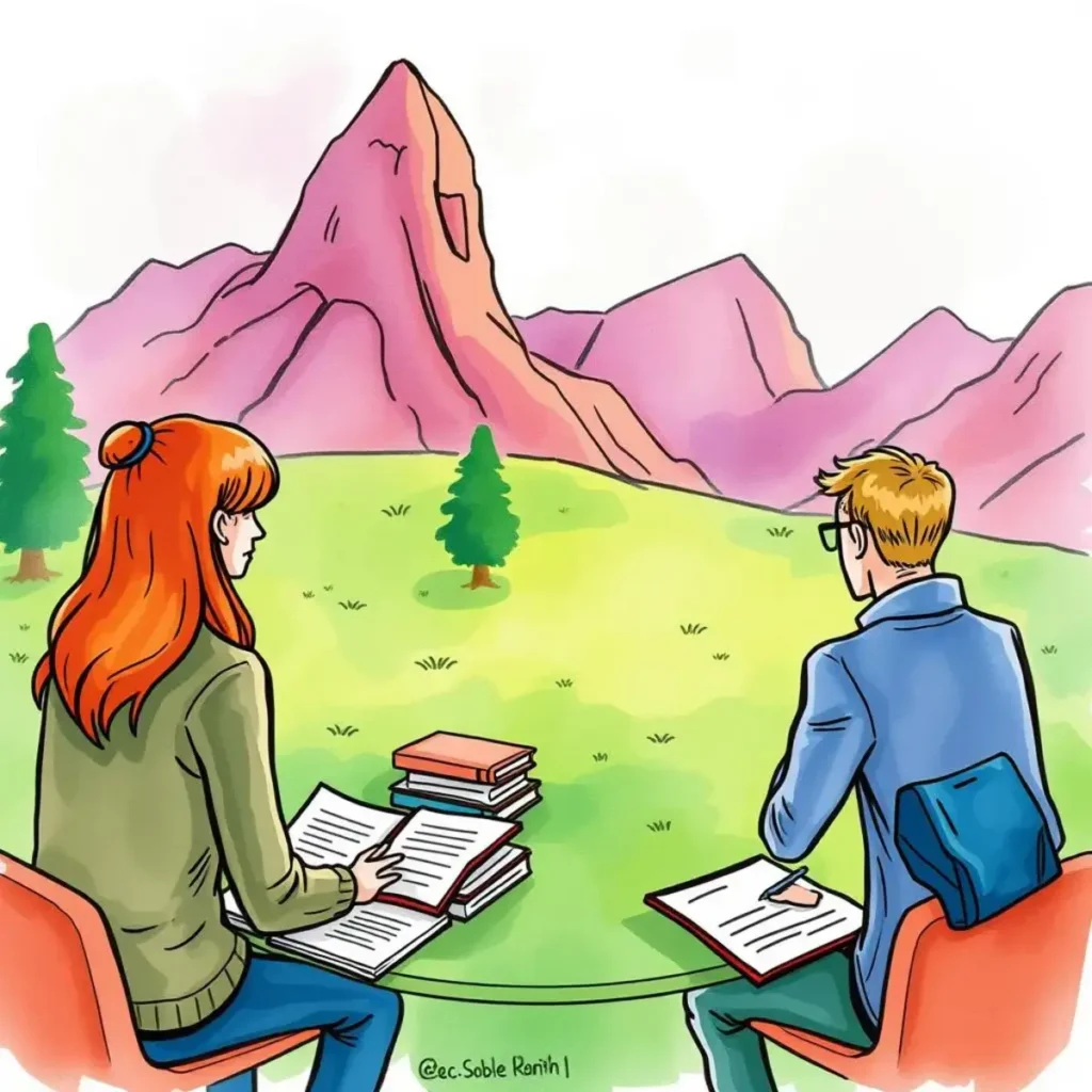 Stakeholder insight extractor: Extract key insights from stakeholder documents 1 A group of professionals analyzing documents in a tranquil outdoor setting.