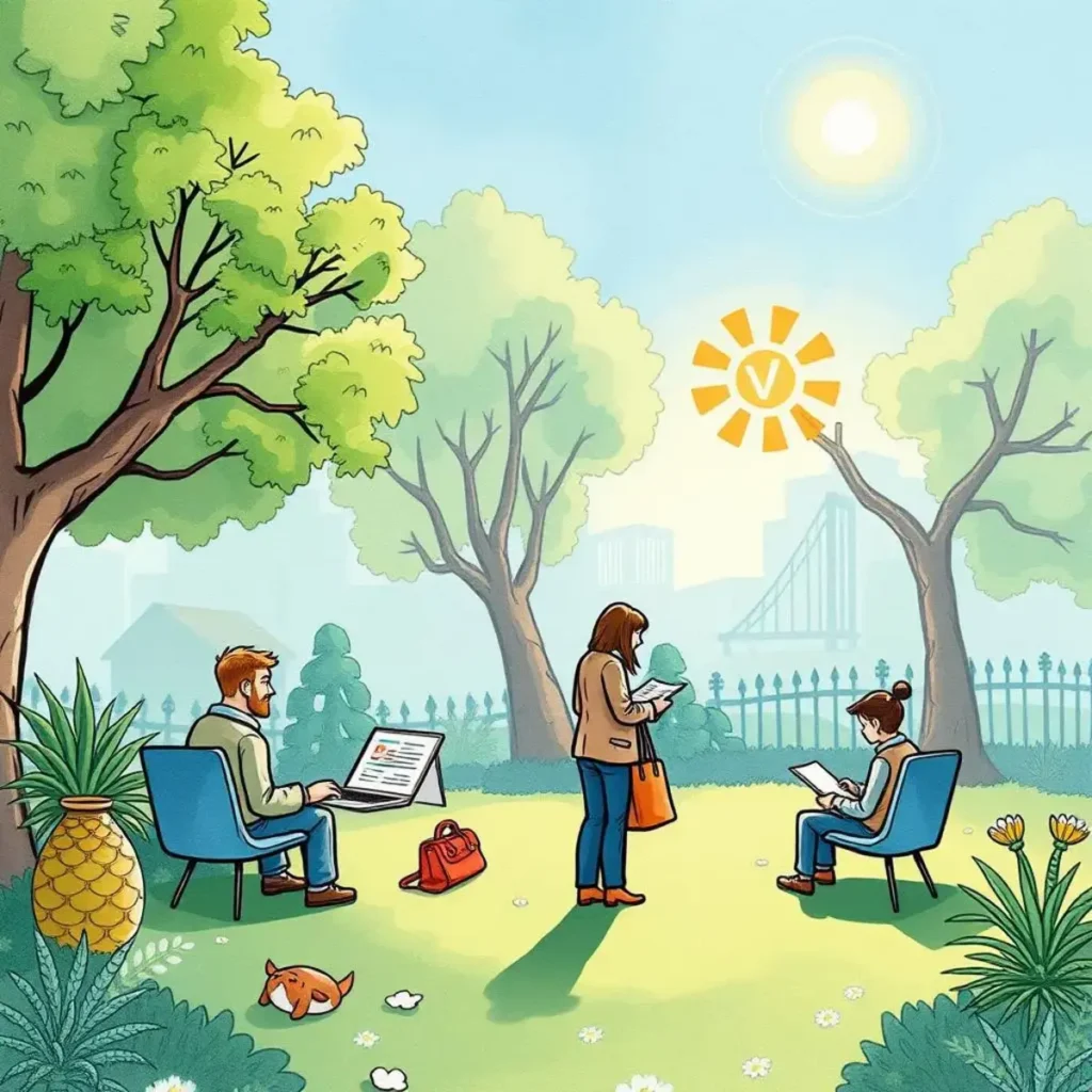 Stakeholder opinion synthesizer: Consolidate stakeholder opinions into concise summaries 1 Two people discussing research in a sunny park setting with laptops.