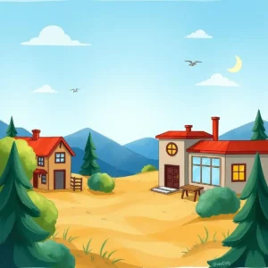 Illustration of a rural landscape with houses and mountains.