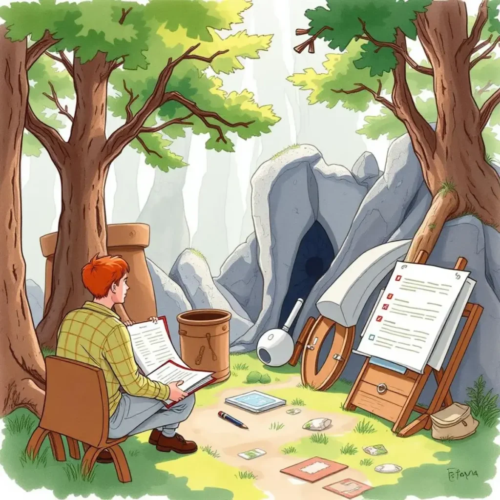 Stakeholder query responder: Answer stakeholder questions effectively 1 A focused individual reviews documents in a serene forest setting.
