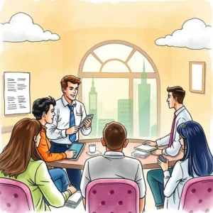 Stakeholder response composer: Generate replies for stakeholder queries 7 Team collaborating in a meeting to address stakeholder inquiries.
